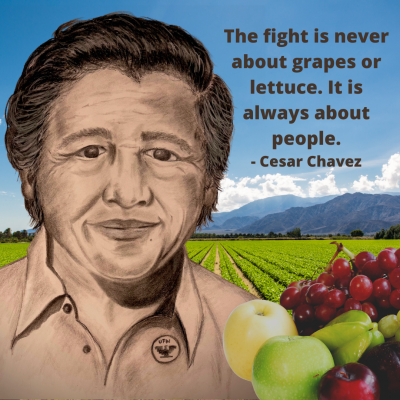 Illustrated portrait of Cesar Chavez placed on a photo of a farm field.