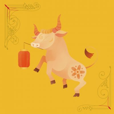 an ox holding a red lantern on a yellow background with gold border