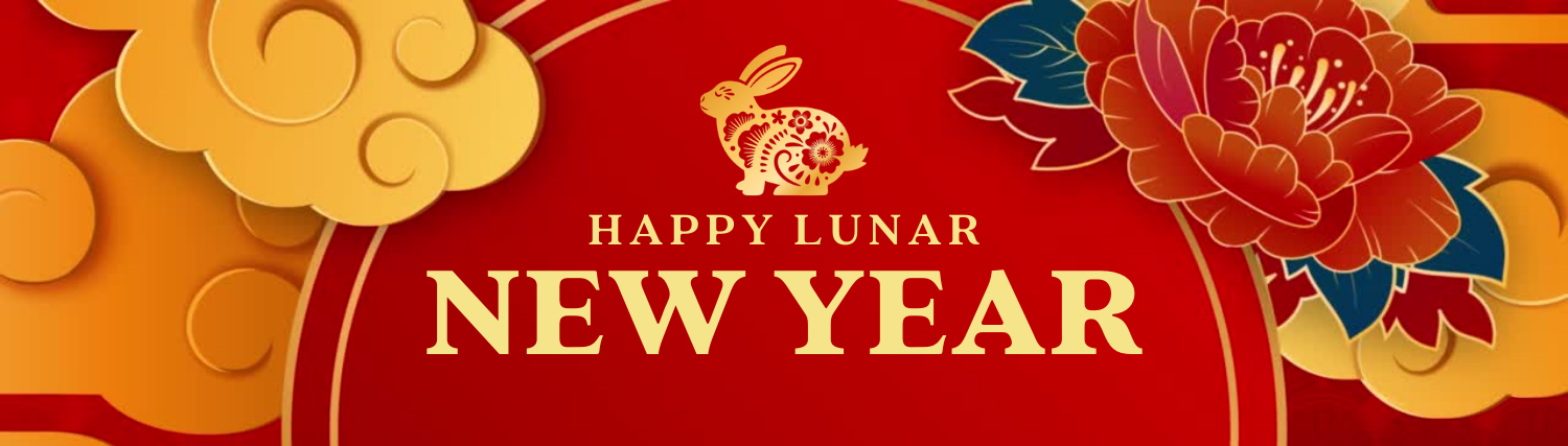 Gold clouds and a colourful flower frame a gold rabbit. Happy Lunar New Year!