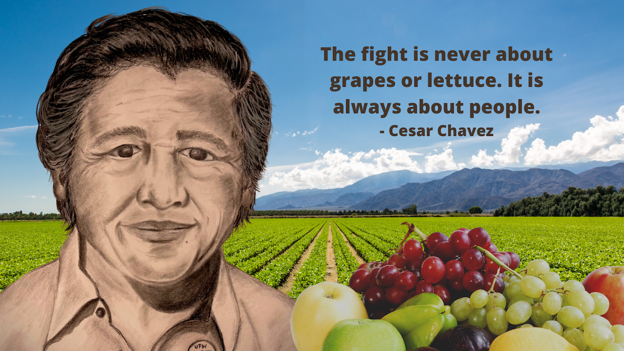 Illustrated portrait of Cesar Chavez placed on a photo of a farm field.