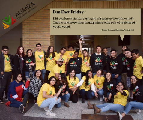 A group of students pose in the lobby of a building.