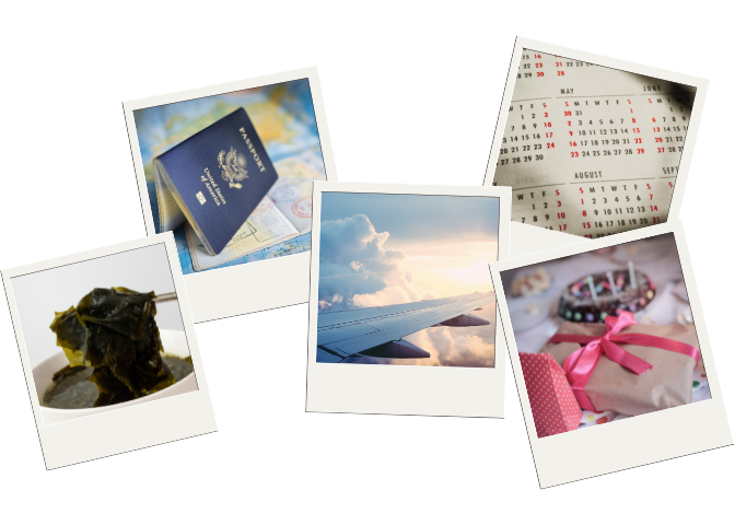 Five polaroid photos depicting (from left to right): Seaweed soup, an American passport, a view of a plane flying from the window seat, a close-up of a calendar, and brown-and-pink wrapped birthday gifts.
