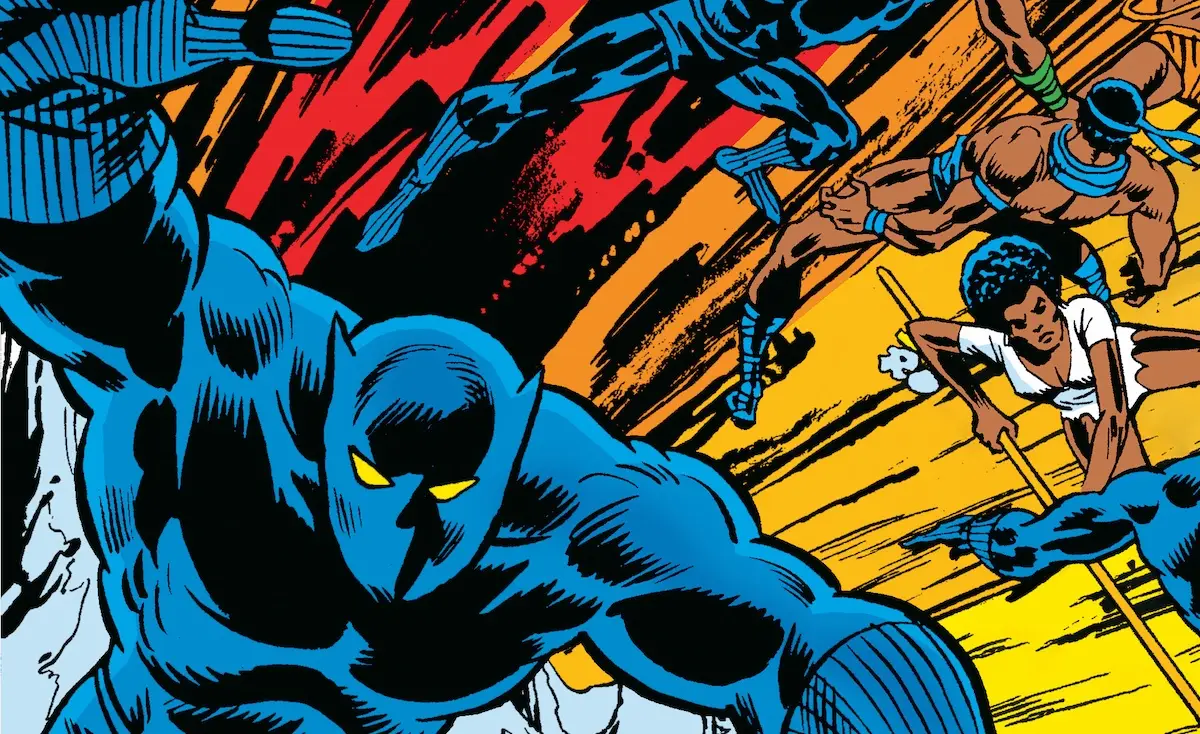 Marvel Comics' Black Panther lunging at the screen, surrounded by other characters.