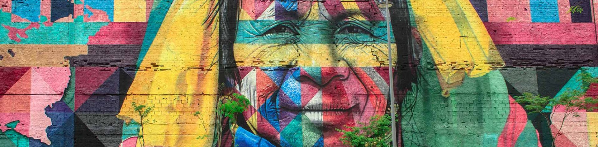 A mural painted on a brick wall of an elderly person in a wide spectrum of colors.